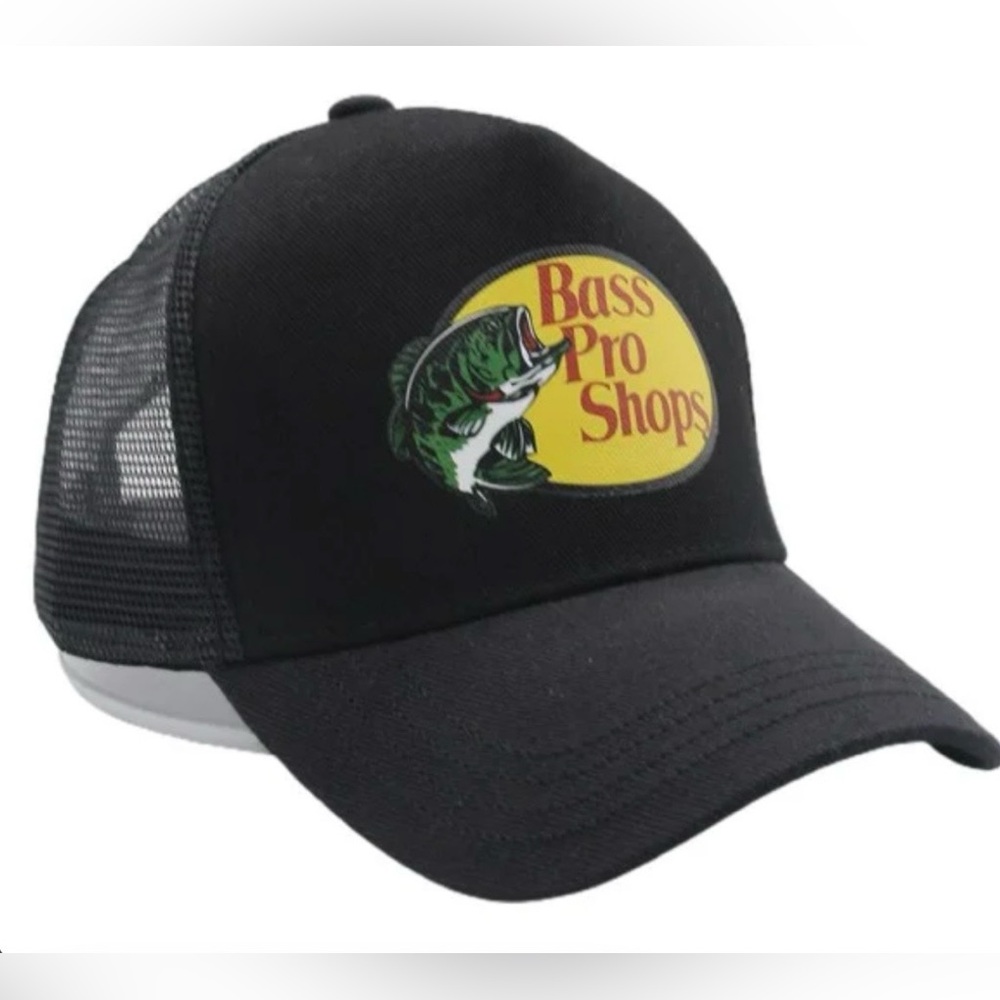 Bass Pro Shops Black Trucker Hat with Yellow Logo and Green Fish